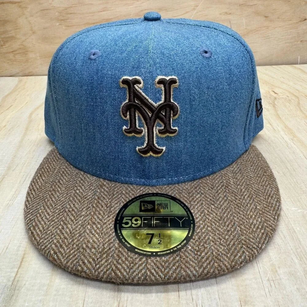 NEW New York Mets New Era Blue Denim Brown Tweed 59FIFTY Fitted Hat 7 1/2